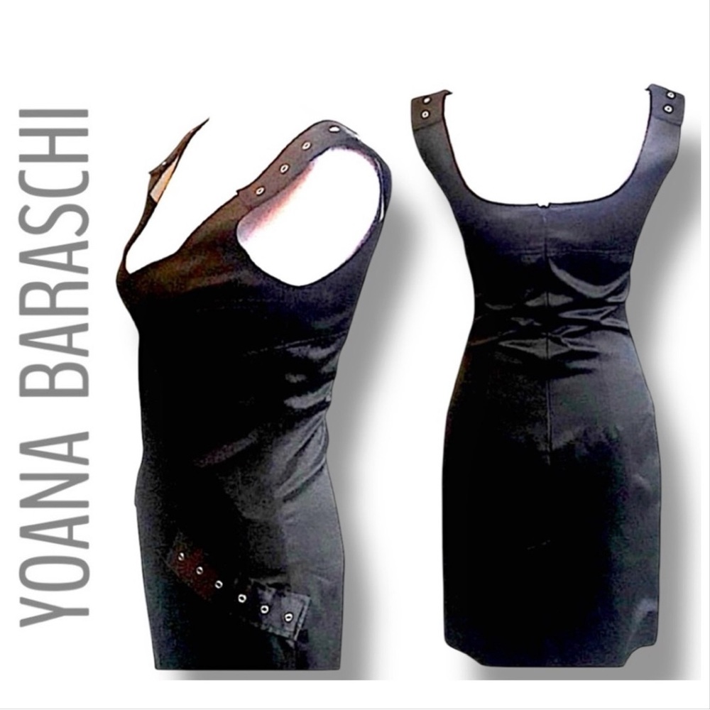 YOANA BARASCHI Black scoop neck gold tone rivets sleeveless cocktail dress SZ 0